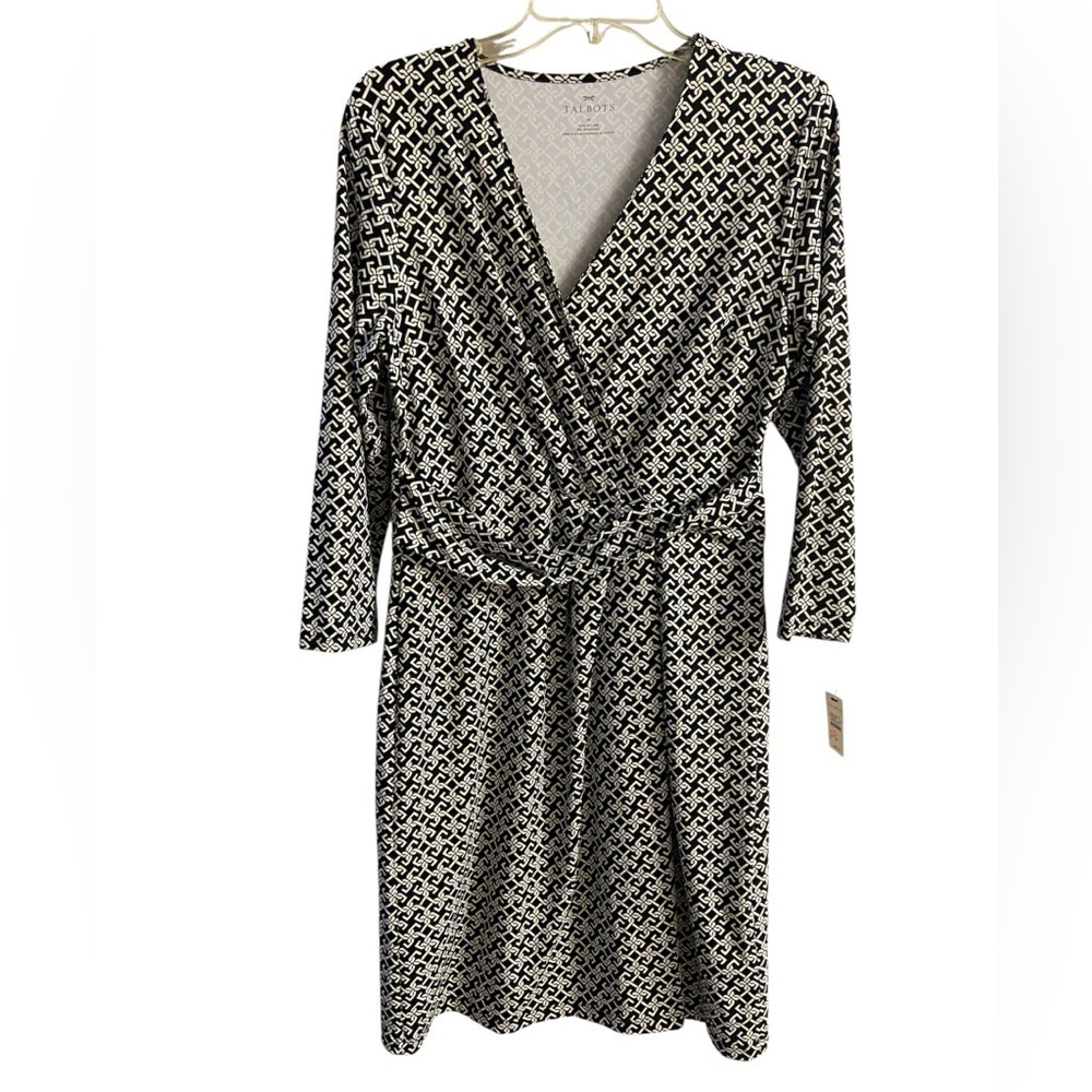 Talbots Black White Geometric Midi Dress Medium Faux Wrap NWT